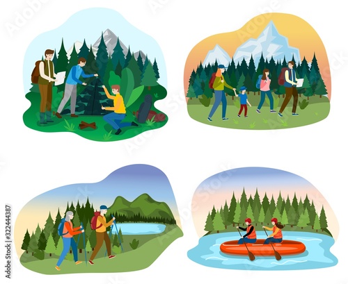 People camping in nature, happy family hiking together, outdoor activity adventure, vector illustration. Friends set up tent on forest meadow, outdoor camp. Active senior couple hike nature mountains