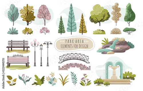 Set of isolated park elements, trees and flowers, vector illustration. Creative stickers with nature, park or forest. Different trees, bushes, bench, lamppost and fountain. Collection of nature icons