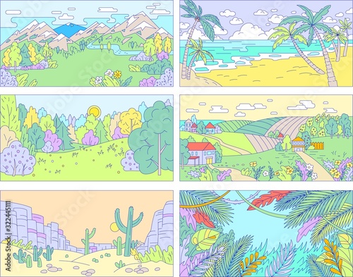 Landscape background, outdoor nature in flat lineart style, forest trees and ocean beach, vector illustration. Nature backdrops, rural village fields, desert rocks canyon, mountain river,sea shore set