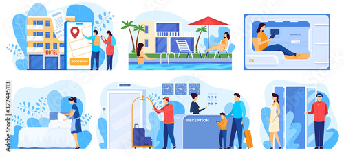 Hotel service, people cartoon characters staying in hostel, vector illustration. Luxury accommodation for travelers, professional hotel staff. People booking room online and checking in at reception