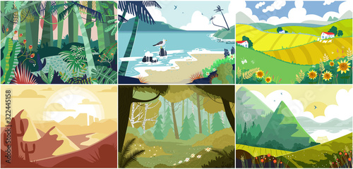 Landscape background, beautiful nature outdoor, forest, mountains and ocean, vector illustration. Set of nature backdrops, rural village fields, desert rocks canyon, mountain meadow and sea beach