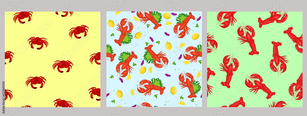 Set of seamless patterns with sea food. Vector graphics.