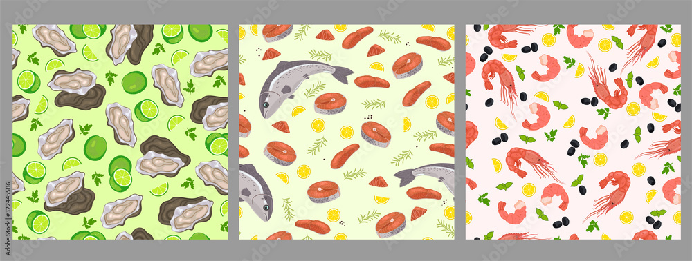Set of seamless patterns with sea food. Vector graphics. Set of seamless patterns with sea food. Vector graphics.