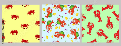 Set of seamless patterns with sea food. Vector graphics.
