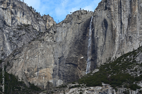 Yosemite Falls and surrounding granite rock formations in Yosemite National Park  California in winter.