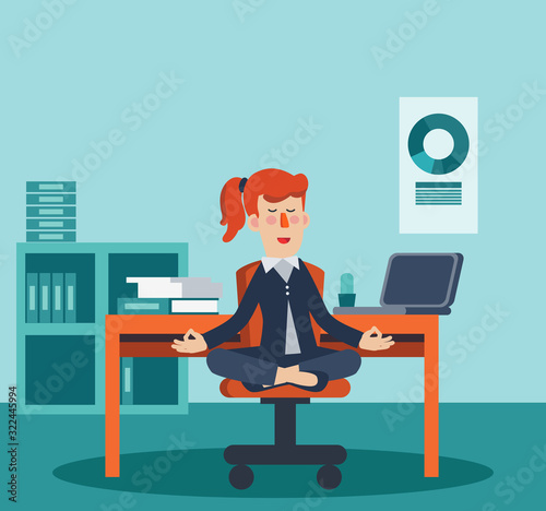 Business woman meditates in lotus position. Business people practicing yoga in office