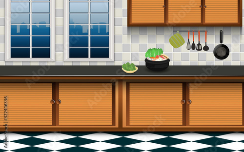 hotpot and ingredients in the kitchen room	