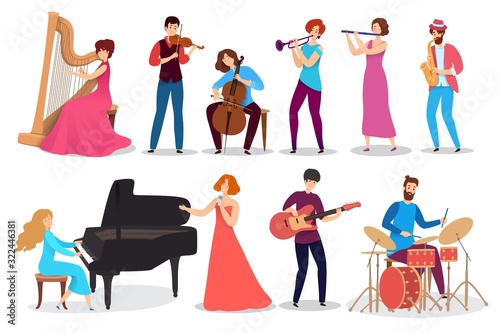 People playing musical instruments, set of isolated cartoon characters, vector illustration. Men and women play music in different styles, violin, saxophone, harp and guitar. Happy creative musicians