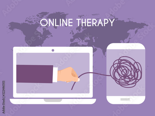 Online psychological help vector illustration. On line psychotherapy counseling concept. Human mental problem solutions. Hand untangle patients problems with depression across the world from laptop