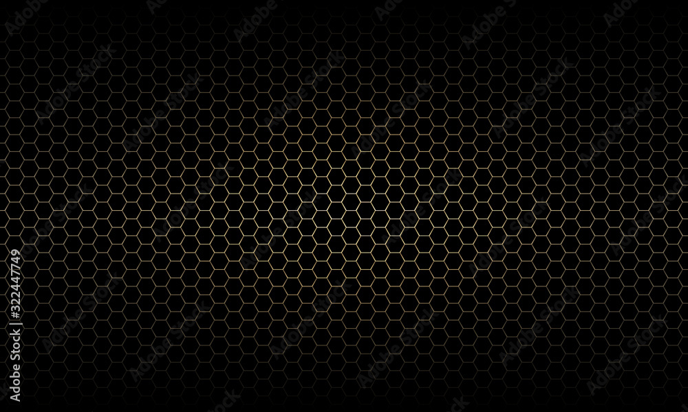 Fototapeta Gold hexagon mesh pattern in dark background texture vector illustration.