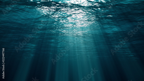 Underwater view with ocean waves flowing in the clear blue water. Beautiful aquatic view with sunbeams shining and creating god rays in the deep sea. 3D illustration with swells and tidal waves