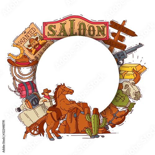 Wild west cowboy elements background with place for text. Colorful cowboy, western, hat, boots and horseshoe vector illustration. Wild west symbols with text place