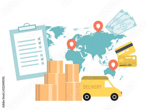 Worldwide delivery service concept. International trucking industry. Global truck transportation and logistic vector illustration. Boxes, card, cash and tablet package deliver by lorry on world map