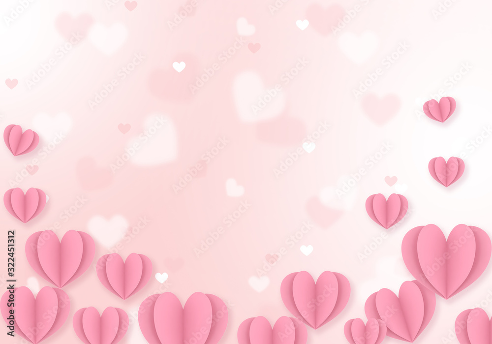 Valentines day background with pink paper heart shape on pink backdrop, illustration