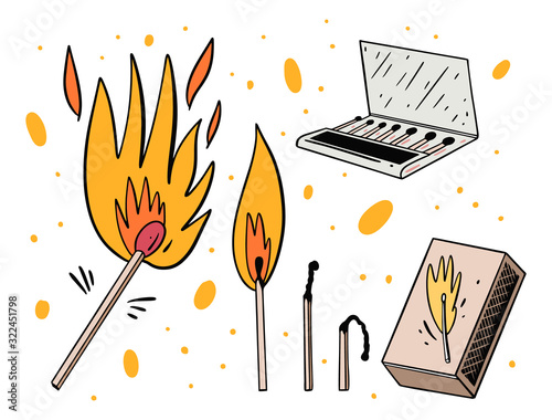 Box of matches, burning and extinct match. Hand drawn vector illustration.