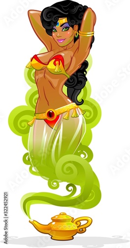 beautiful girl genie from the magic lamp on white background