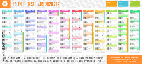 Calendrier scolaire 2020 - 2021. Fichier éditable et multi-calques
