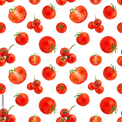 Seamless pattern of red tomatoes on white background isolated closeup, cut and whole cherry tomato repeating ornament, fresh vegetables art wallpaper, healthy natural food concept, trendy print design