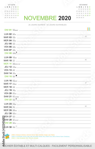 Calendrier mensuel Novembre 2020. Fichier éditable et multi-calques, facilement personnalisable.