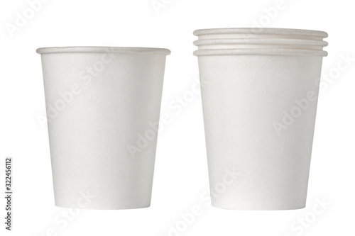 One and Stack disposable paper cups isolated on white background. Close up.