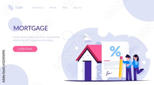 Mortgage loan form concept. Young family signs a mortgage document to buy a new home. Favorable interest from the bank. Landing web page template.