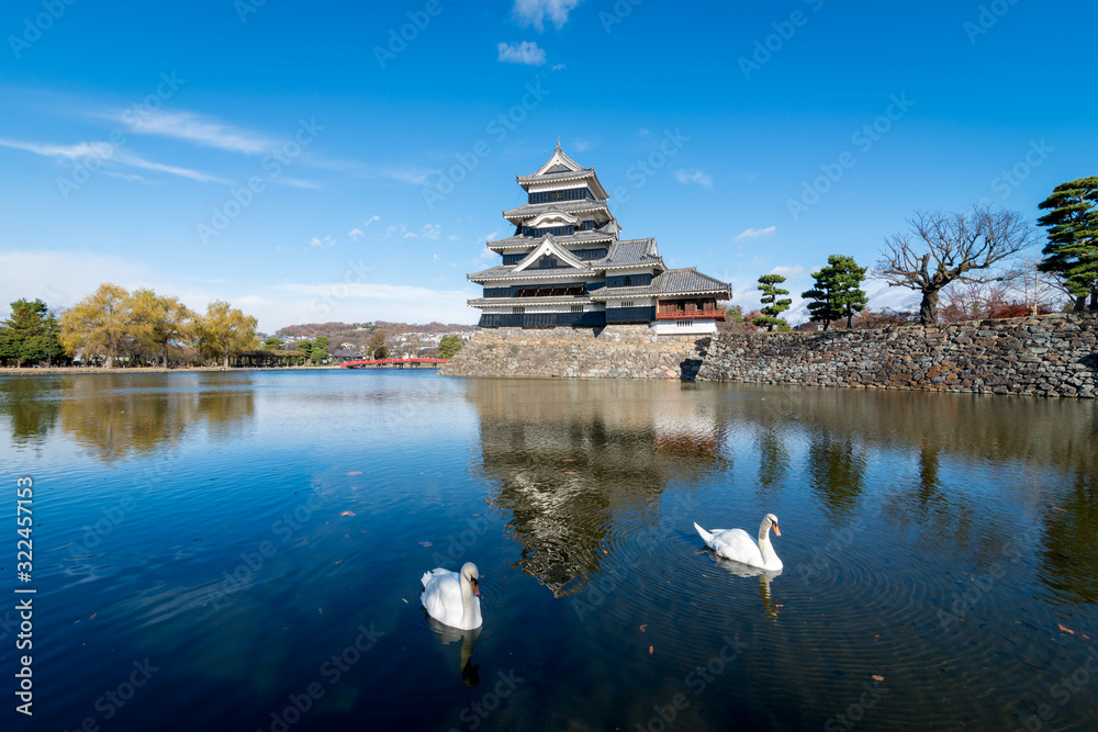 The scenery of the reflection of Matsumoto castle and swans swimming in the lake around the castle in Nagano, Japan. The scenery of the reflection of Matsumoto castle and swans swimming in the lake around the castle in Nagano, Japan.