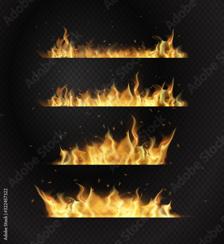 Realistic fire flames on transparent black background. Flat design vector illustration