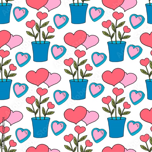 Valentine's day seamless pattern with coffee cup and hearts. Beautiful greeting card with valentines day seamless pattern. Red heart valentine love logo vector. Holiday background.Vector illustration