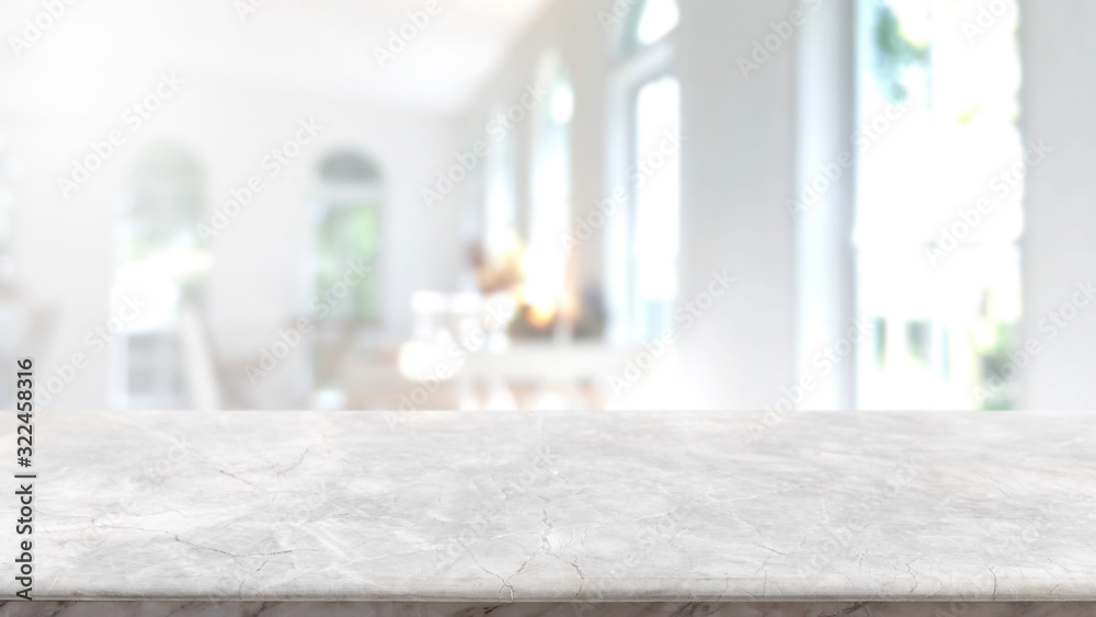 Empty white marble stone table top on blurred with bokeh cafe and ...