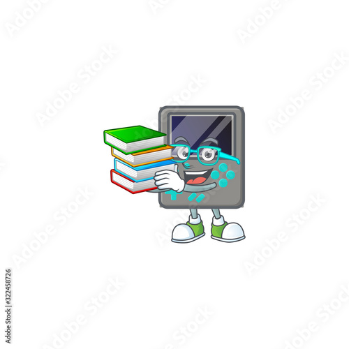 A brainy clever cartoon character of game console studying with some books