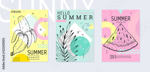 Summer party poster set, geometric memphis style. Cool trendy flyer with type quote. Tropical elements for travel banner, music cover, fashion print. Leaf vector illustration, mint, pink background