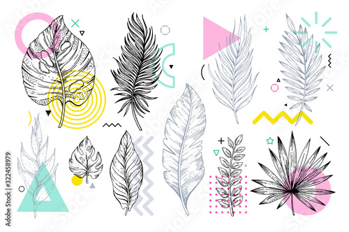 Summer tropical leaf set with geometric memphis style shapes. Cool trendy elements for travel banner, music cover, fashion print. Palm, banana, rainforest plants vector illustration isolated on white