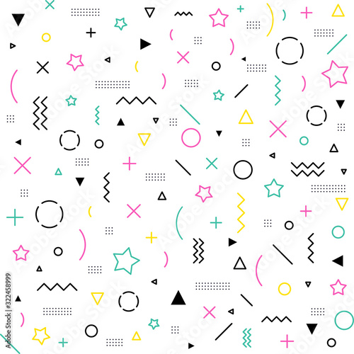Seamless Memphis pattern of geometric shapes in 80s 90s style for textile print, fabric, wrapping paper, wallpaper, music cover, card. Hipster poster, bright color background. Vector illustration