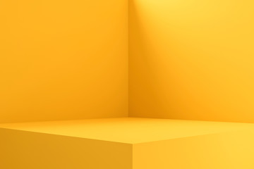 Empty room interior design or yellow pedestal display on vivid background with blank stand. Blank stand for showing product. 3D rendering.
