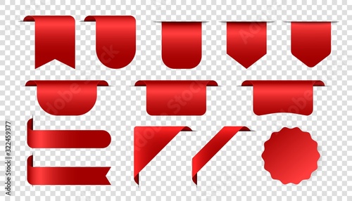 Tag sticker shape. New or sale badges. Label product red corner. Vector ribbons and banners. Luxury red silk realistic template.