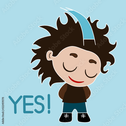 emoticon with smiling guy that is saying yes and nodding, simple colored emoji, vector in color, bay like personage with thick outlines, funny cartoon character from a set