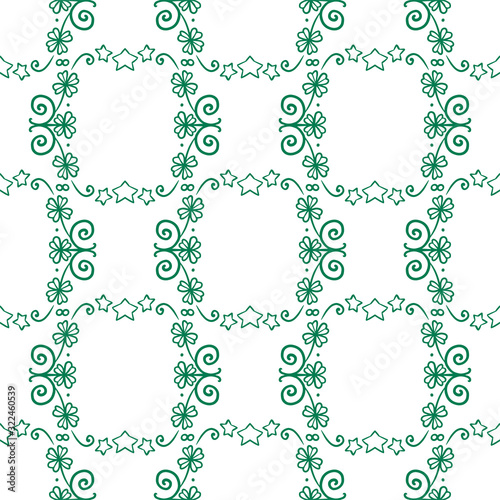 Saint Patrick day seamless pattern - shamrock or clover leaves and stars, abstract floral ornament, simple shapes traditional holiday vector background for wrapping, textile, digital paper