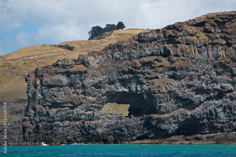 Rock formation at Akaroa on Banks Peninsula on South Island of New Zealand
