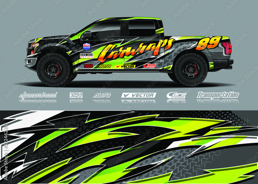 Truck wrap design vector kit. Modern sport graphics. Abstract stripe racing and grunge background for wrap all vehicle, race car, rally, adventure vehicle and car livery. Truck wrap design vector kit. Modern sport graphics. Abstract stripe racing and grunge background for wrap all vehicle, race car, rally, adventure vehicle and car livery.