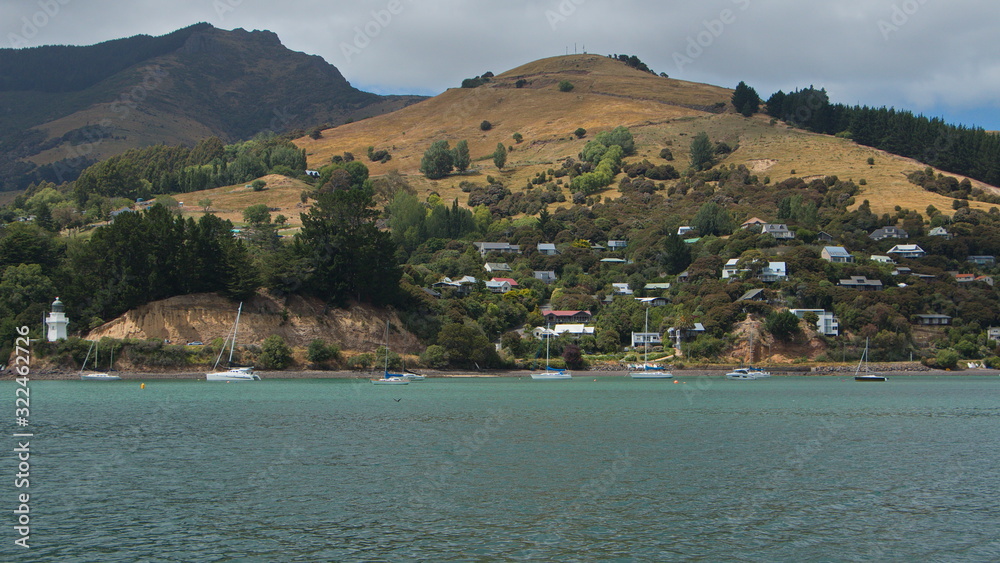 Coast in Akaroa on Banks Peninsula on South Island of New Zealand