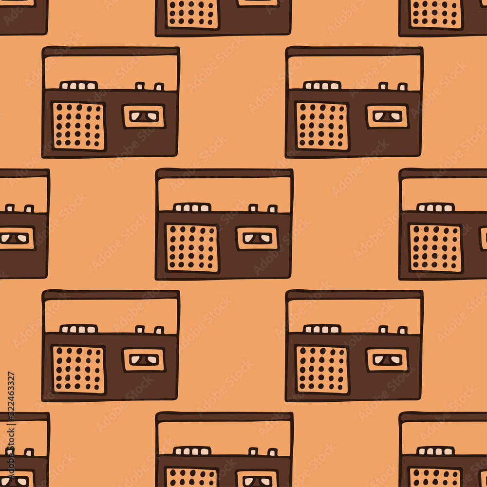 Retro cartoon doodle radio drawing over brown background. vextor seamless pattern Retro cartoon doodle radio drawing over brown background. vextor seamless pattern