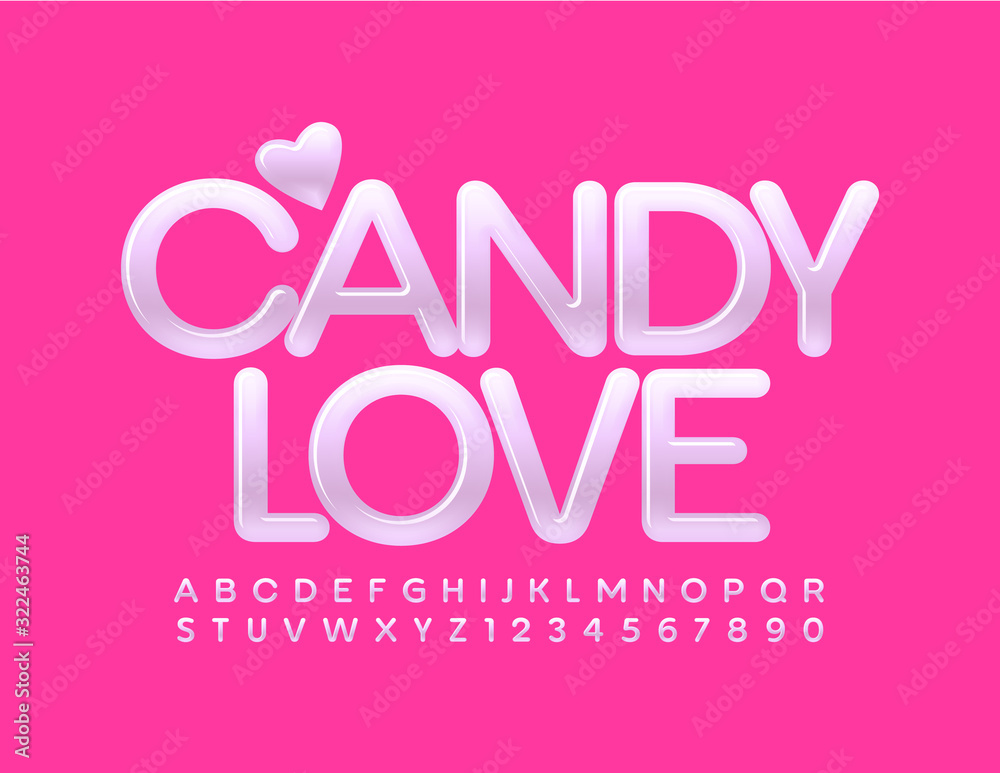 Plakat Vector stylish logo Candy Love. Glossy White Font. Artistic Alphabet Letters and Numbers.