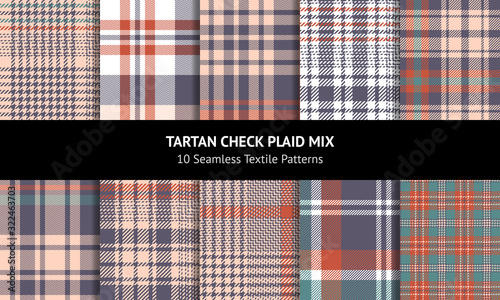 Plaid pattern background set. Seamless multicolored check plaid graphic in dark green and gold for flannel shirt, blanket, throw, duvet cover, or other modern winter spring summer fabric design.