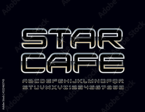 Vector stylich logo Star Cafe. Chrome sparkling Font. Silver Alphabet Letters and Numbers. 