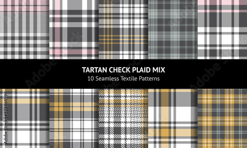 Seamless check plaid pattern set. Autumn winter tartan plaid backgrounds in grey, yellow gold, and white for flannel shirt, scarf, blanket, throw, duvet cover, or other modern textile print.