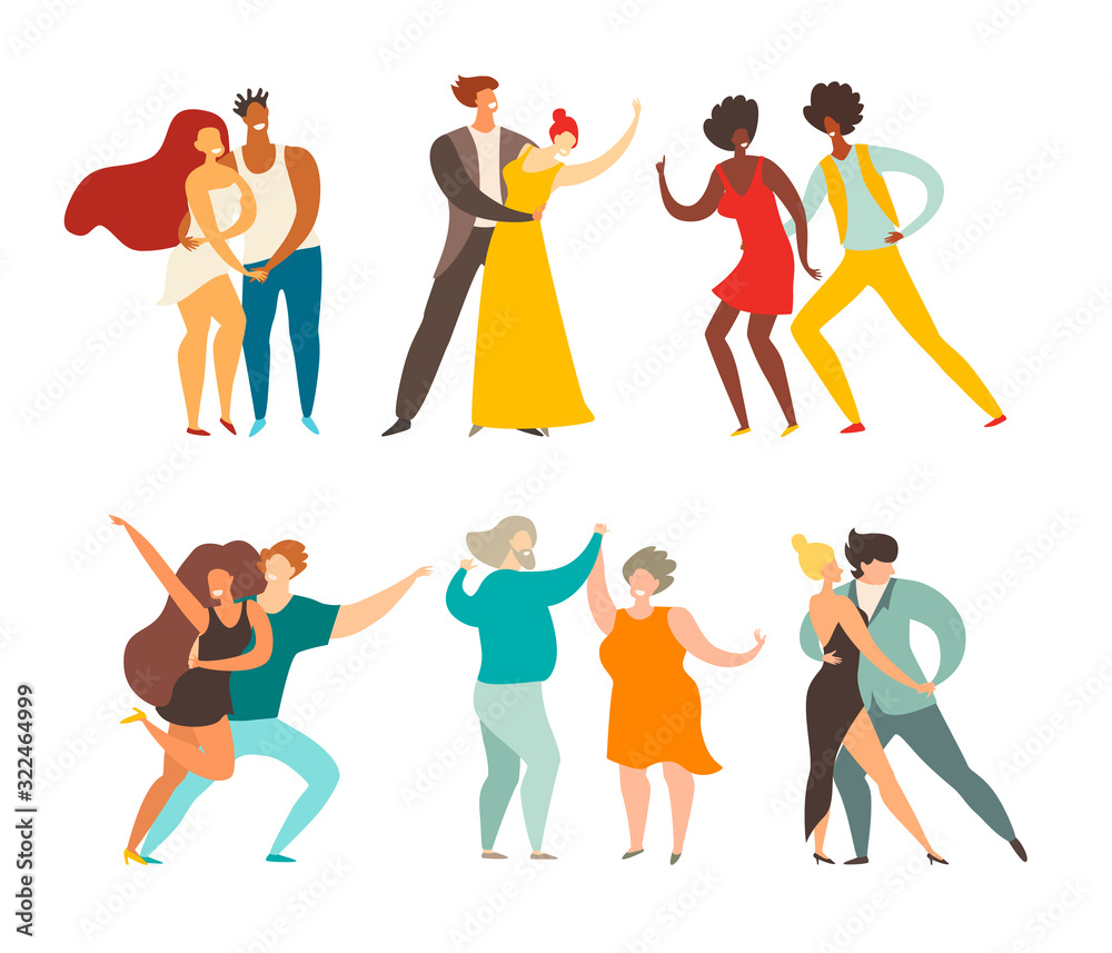 Social pair dancing vector illustration. Happy people dancing . Couple of dancers character. Romantic modern dance: bachata, tango and waltz. Salsa/samba/zouk party. Flat retro cartoon style, isolated