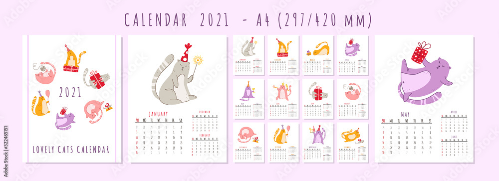 Cats birthday party calendar 2021 - funny kitten in festive hat, gift boxes and presents, birthday cake and drinks, big vector planner 12 month pages and cover, cartoon flat characters - template Cats birthday party calendar 2021 - funny kitten in festive hat, gift boxes and presents, birthday cake and drinks, big vector planner 12 month pages and cover, cartoon flat characters - template