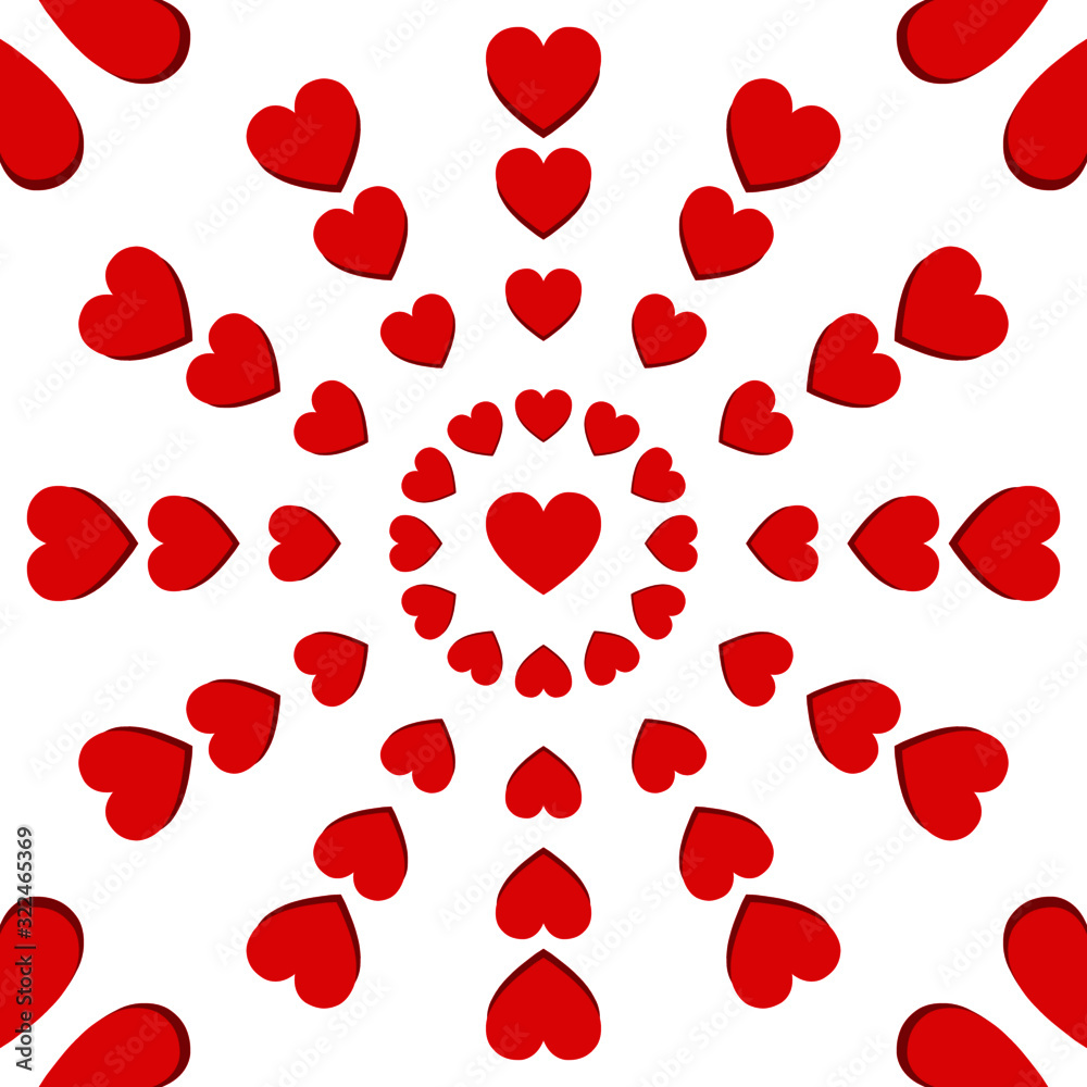 Red Heart Round Seamless Pattern on White