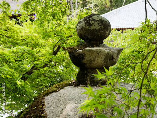 Japanese stone lantern surrounded by green maple leaves