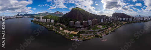 Aerial 360 degree panorama of the Rio de Janeiro city lake Lagoa Rodrigo de Freitas with intense blue sky ready for use in 3D environment mapping and 360VR. photo